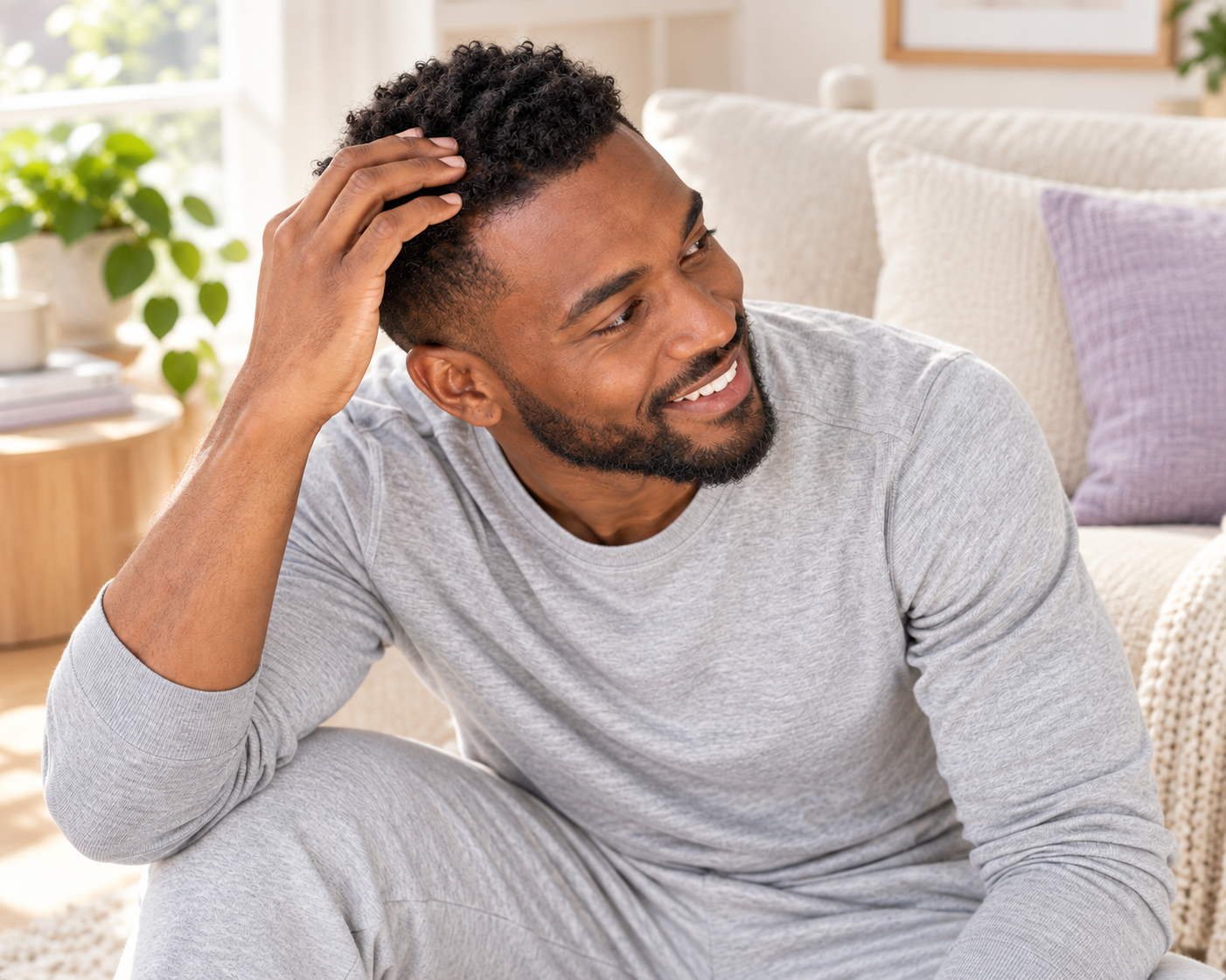 A man at home running a hand through his hair