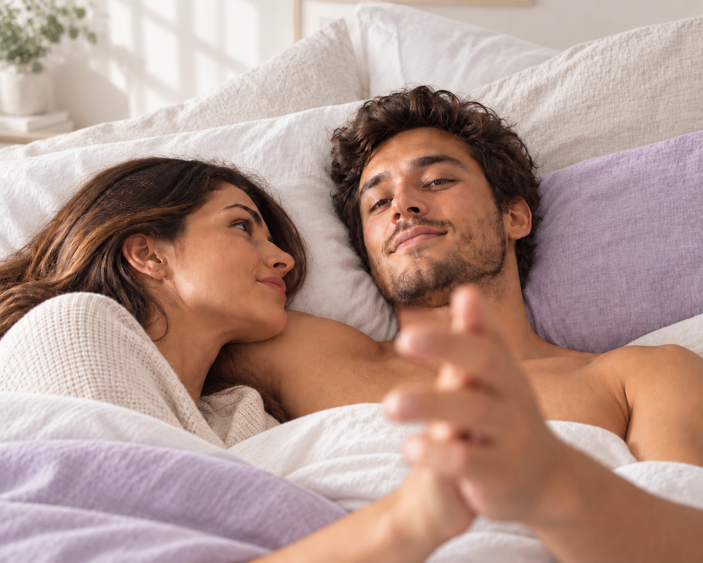 A couple lying in bed together, relaxed and close