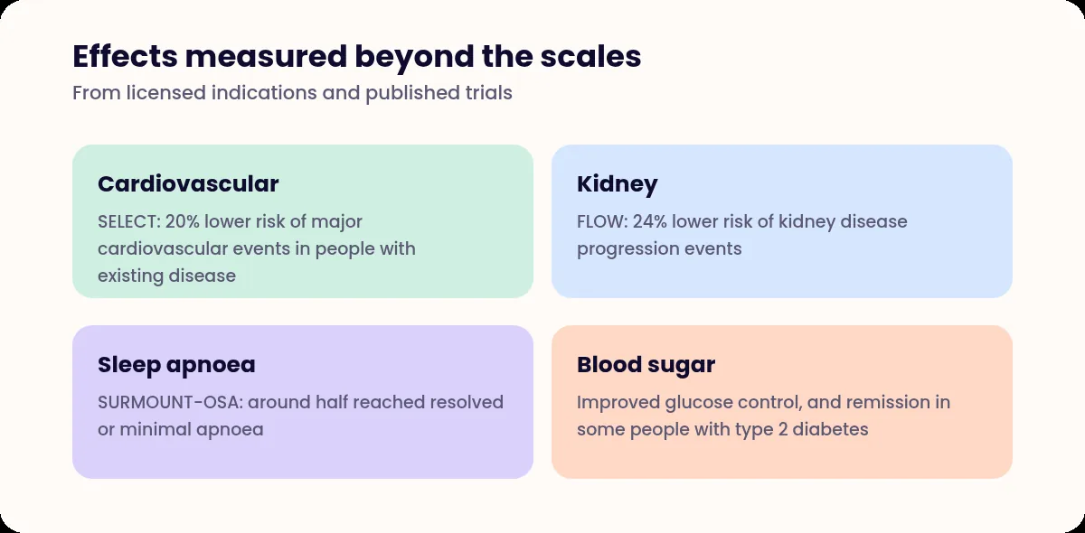 Four panels summarising cardiovascular, kidney, sleep apnoea and blood sugar findings from trials of GLP-1 based medicines