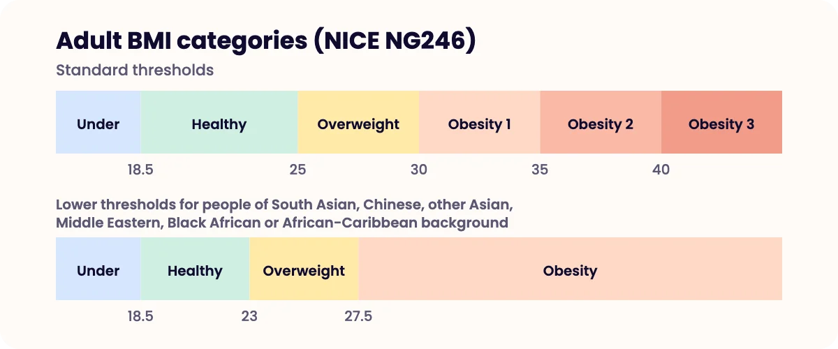 Chart of UK adult BMI categories, with standard thresholds and lower thresholds of 23 and 27.5 for some ethnic groups