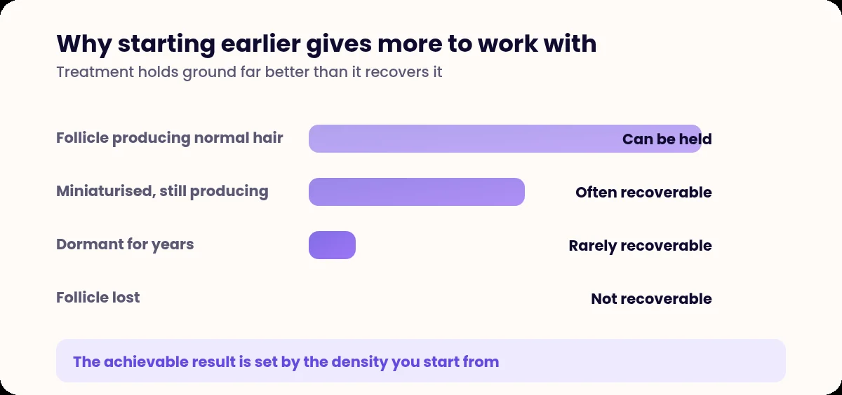 Bar chart showing how recoverability falls as follicles miniaturise