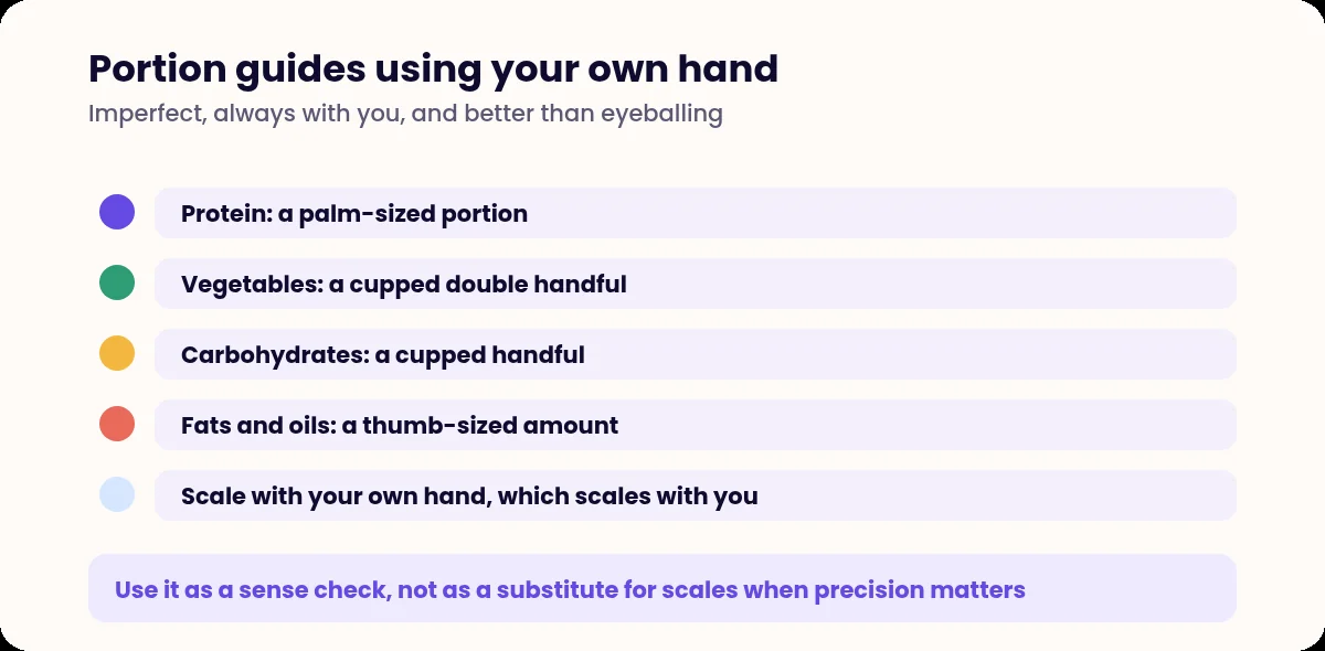 Hand-based portion guide for protein, vegetables, carbohydrates and fats