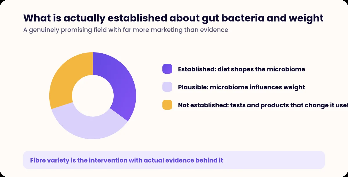 Donut chart dividing gut microbiome claims into established, plausible and unproven