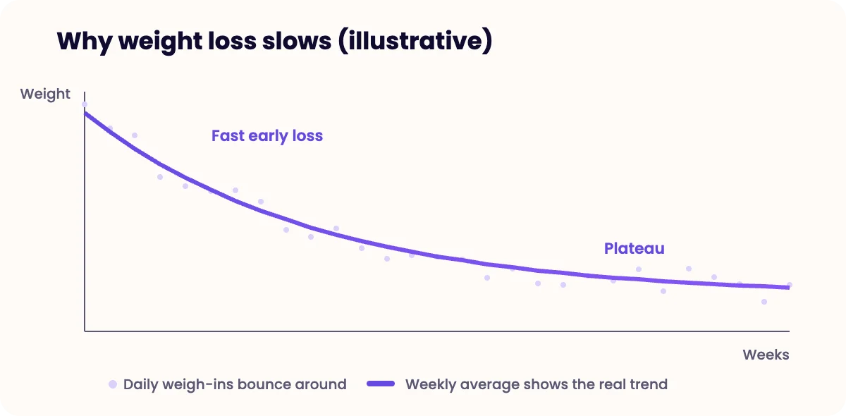 Illustrative chart: weight falls quickly at first then levels off; daily readings fluctuate around the weekly average trend