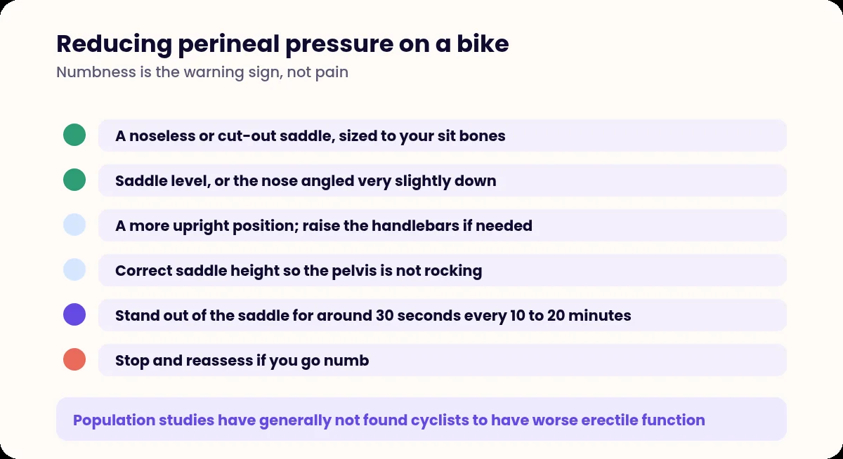 List of measures that reduce perineal pressure while cycling