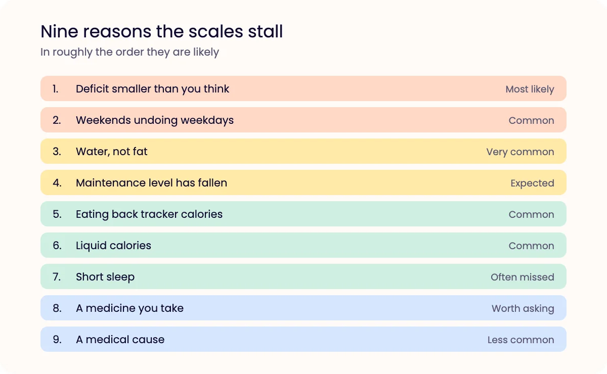 Numbered list of nine reasons weight loss stalls, ordered from most to least likely