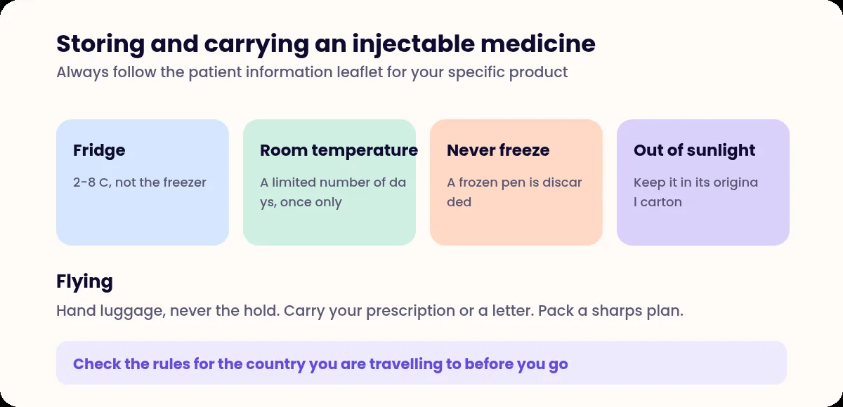 Four tiles covering fridge storage, room temperature limits, not freezing and keeping medicine out of sunlight, plus flying advice
