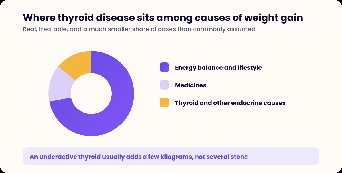 Donut chart showing thyroid disease as a small share of causes of weight gain