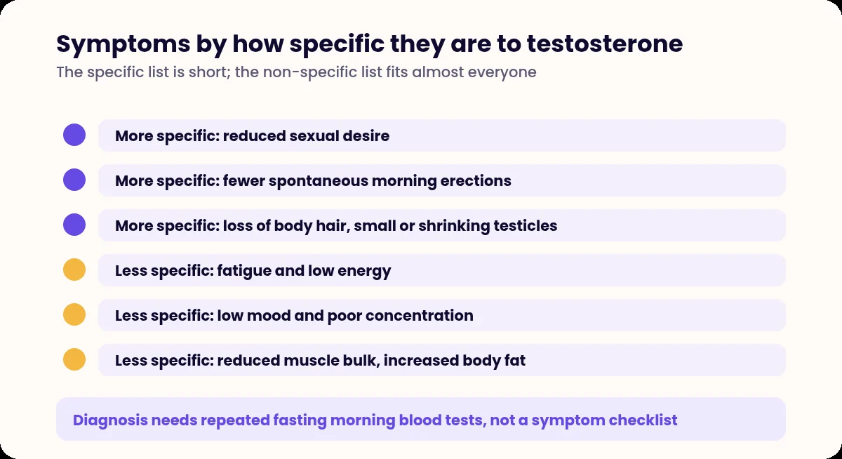 List separating symptoms specific to testosterone deficiency from non-specific symptoms